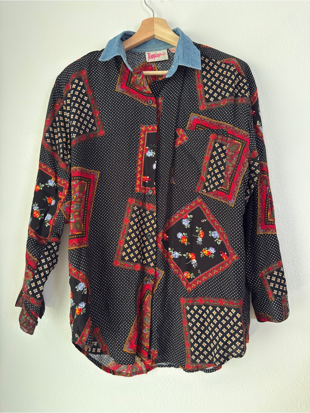 Vintage Pennylane Women’s Patchwork Button-Up Black Denim Collar Size M Oversize
